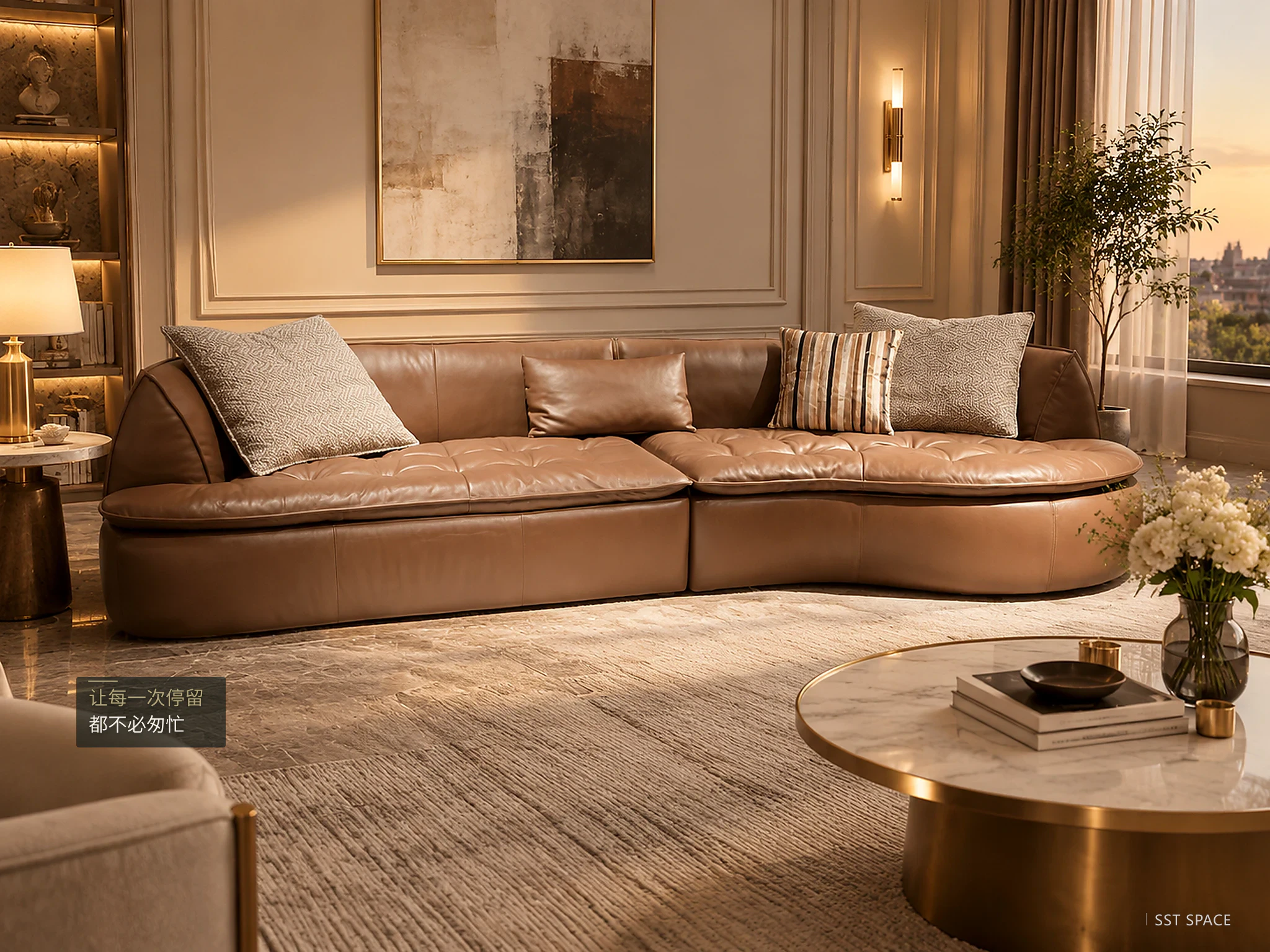 D9020 Dusk Copper Curved-Bay Quilted Low-Profile Modular Sofa 5