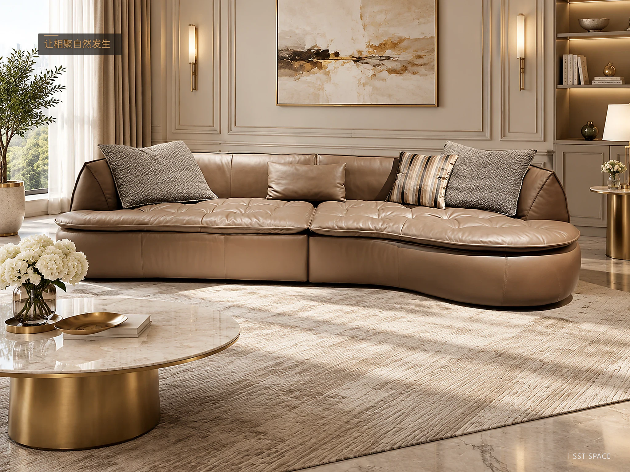 D9020 Dusk Copper Curved-Bay Quilted Low-Profile Modular Sofa 7